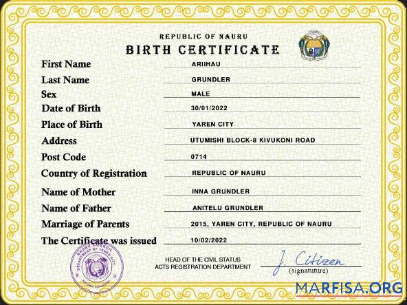 Blank Nauru birth certificate PSD template